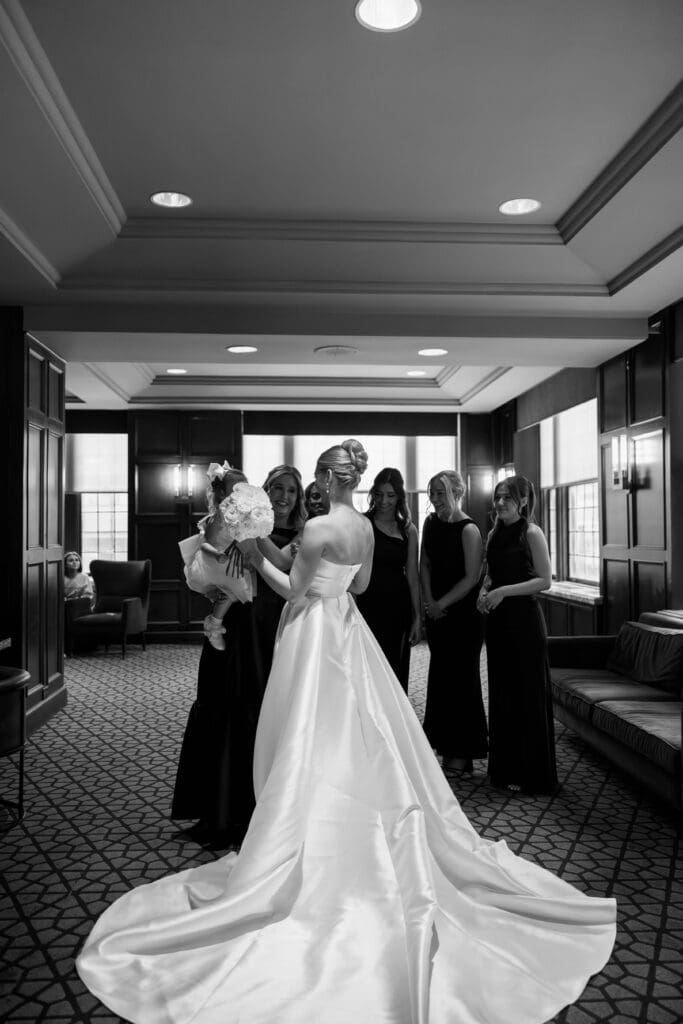 Bride and groom portraits in the art-deco lobby of Hotel Phillips in Kansas City.