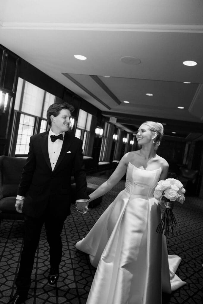 Bride and groom first look in the art-deco lobby of Hotel Phillips in Kansas City.