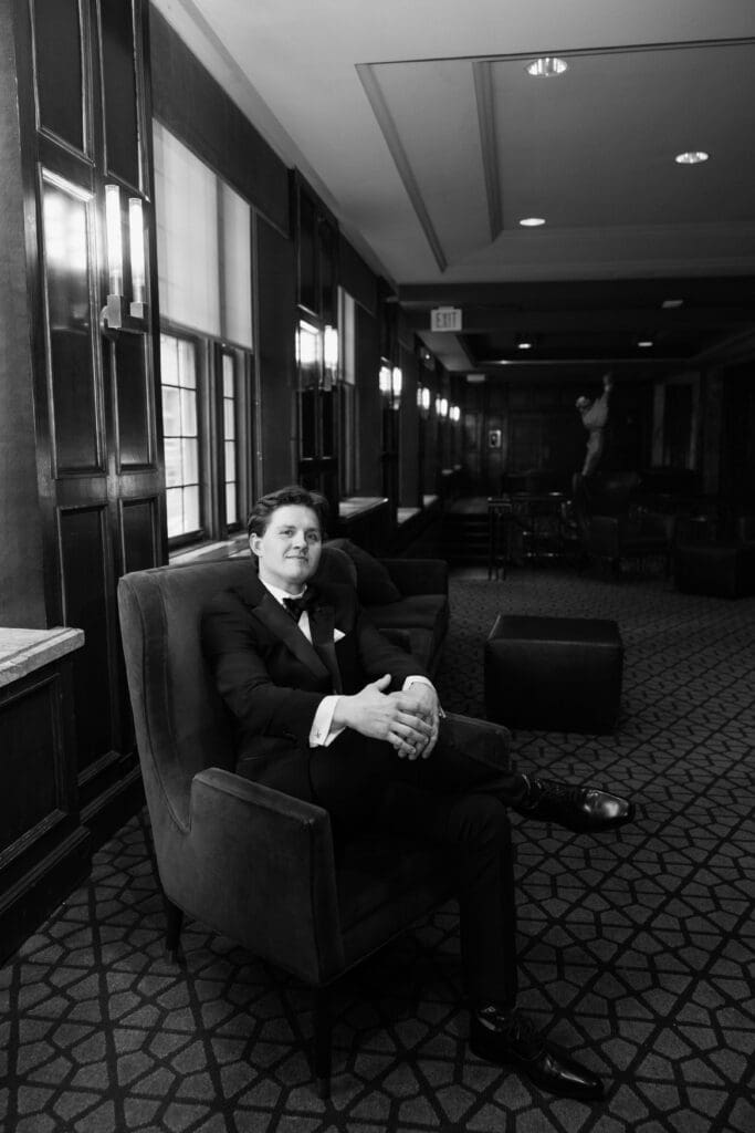 Bride and groom portraits in the art-deco lobby of Hotel Phillips in Kansas City.