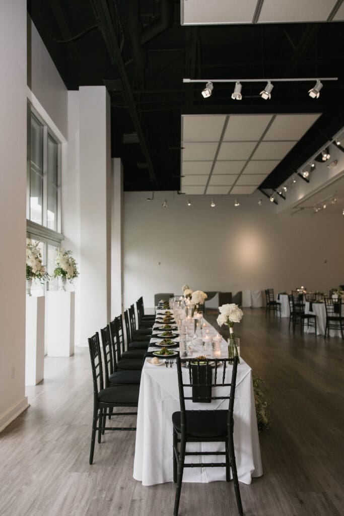 bride and groom wedding day reception details at gallery event space in kansas city